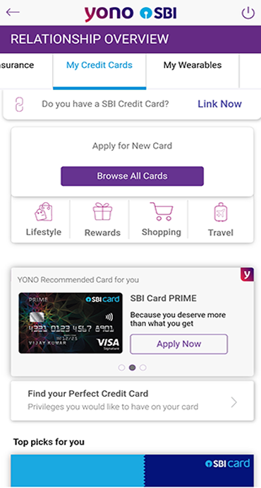 Credit Card facility on YONO SBI