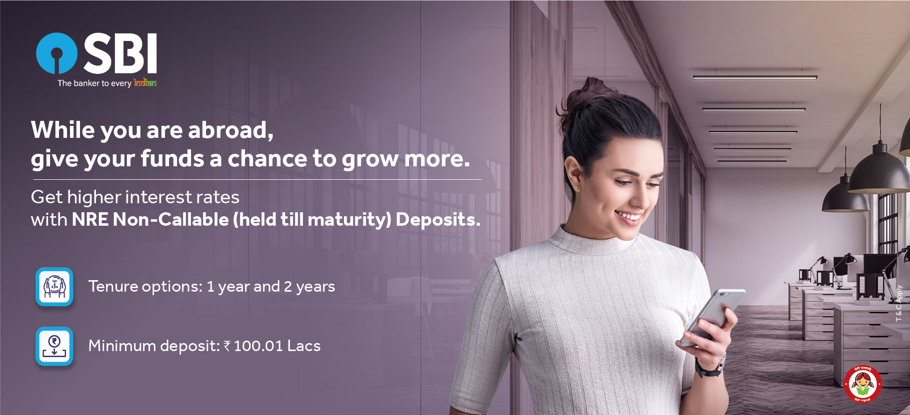 Promotional banner for NRI non-callable deposits offered by the State Bank of India, highlighting secure investment options for Non-Resident Indians
